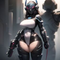 1girls ai_generated armour black_hair bust busty curvaceous curvy_figure cyborg exposed_thighs female futuristic helmet holding_gun holding_object holding_weapon human laser_gun metallic navel navel_visible_through_clothes nemus_waifu_generator pooplool science_fiction scifi tagme vagina vagina_visible_through_clothing voluptuous voluptuous_female weapon