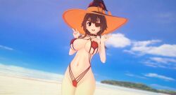 1girls 3d aged_up beach big_breasts blush breasts busty cleavage double_v eyepatch female female_only koikatsu kono_subarashii_sekai_ni_shukufuku_wo! large_breasts megumin navel pose posing sand smile solo solo_female swimsuit thick_thighs thighs v voluptuous xwell