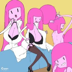 1girls adventure_time bra cappulait cartoon_network cleavage fappuccino gigantic_breasts high_heels huge_breasts long_hair looking_at_viewer pink_hair pink_skin platform_heels princess_bubblegum smiling stockings