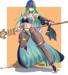 1girls abs alternate_costume arcedo armpits bare_midriff barefoot breasts cleavage cosplay dancer dorothea_arnault_(cosplay) dorothea_arnault_(plegian)_(cosplay) female female_only fire_emblem fire_emblem:_path_of_radiance fire_emblem:_radiant_dawn green_eyes green_hair green_nails helmet large_breasts long_hair midriff muscular muscular_female nail_polish nephenee_(fire_emblem) nintendo pantyhose pelvic_curtain plegian smile solo spear thick_thighs very_long_hair weapon