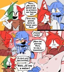 ailewzol animal_ears argentina_(countryhumans) big_penis blush clothing comic countryhumans flag humanoid humanoid_penis male male_only meme mexico_(countryhumans) motoanexo peru_(countryhumans) shitpost spanish_text text translation_request trio white_body white_skin yaoi