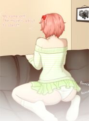 ass bounce bouncing bouncing_on_couch bouncing_on_furniture bovine bow brown_couch butt couch cow cow_(minecraft) doki_doki_literature_club english_text feet furniture green_skirt hair_bow hairbow just_sayori lowres minecraft_mob motion_lines onionfairy99 onionfairylewds panties picture_(object) red_bow red_hair_bow red_hairbow sayori_(doki_doki_literature_club) skirt socks strawberry_blonde_hair text white_panties