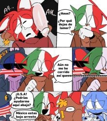 ailewzol animal_ears argentina_(countryhumans) blush chullo clothing comic countryhumans fbi flag humanoid humanoid_penis male male_only mexico_(countryhumans) motoanexo multiple_boys peru_(countryhumans) spanish_text text trio united_states_of_america_(countryhumans) yaoi