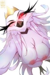 anthro avian bird blush breasts feathers female galliform helluva_boss hi_res looking_at_viewer nipples one_eye_closed open_mouth peafowl phasianid red_eyes rin_tyan simple_background smile solo stella_(helluva_boss) white_body white_feathers