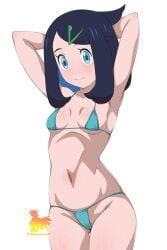 1girls arms_on_head blue_eyes blue_hair breasts female female_only flushed liko_(pokemon) looking_at_viewer metamine10 pokemon pokemon_(anime) pokemon_horizons small_breasts small_tits smiling solo underwear white_background