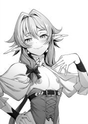 1girls armpits blush closed_mouth commentary_request confident elf female female_only flat_chest goblin_slayer greyscale hand_on_hip high_elf_archer_(goblin_slayer) highres looking_at_viewer medium_hair monochrome nipples pointy_ears pose posing sensual simple_background smile solo tekkai_blade upper_body white_background