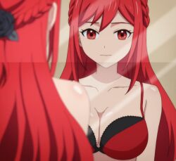 1girls amelia_rose ass big_breasts bra breasts busty cleavage dressing_room female female_only highres hyouken_no_majutsushi_ga_sekai_wo_suberu long_hair mirror red_eyes red_hair reflection solo stitched third-party_edit underwear