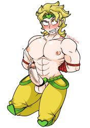 1boy abs alduinafterdark blonde_hair blush blush bound bound_arms cum dio_brando ejection erection gay jojo's_bizarre_adventure long_hair male male_only muscular_male nipples penis stardust_crusaders testicles yellow_pants