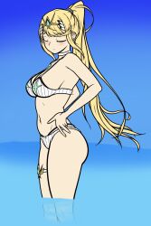 1girls beach big_breasts bikini blonde_hair blush breasts busty closed_eyes female female_only hands_on_hips highres izai_ah izaiah_(artist) large_breasts legs mythra mythra_(xenoblade) navel ocean ponytail sideboob sidelocks smile solo swimsuit thick_thighs thighs voluptuous water white_bikini xenoblade_(series) xenoblade_chronicles_2