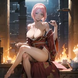 1girls ai_generated bare_breasts bare_legs bare_shoulders barefoot barely_clothed bell_haircut blush boruto:_naruto_next_generations breasts clothed_female clothing feet female female_only functionally_nude green_eyes haruno_sakura holding_object holding_panties kimono kimono_pull long_hair looking_at_viewer mature mature_female milf nai_diffusion naruto naruto_(series) no_bra no_panties no_underwear one_breast_out open_clothes open_kimono panties_removed pink_hair pussy sakura_haruno sitting solo solo_focus stable_diffusion underwear_removed voluptuous