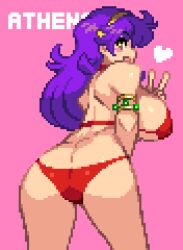 1girls ass athena_(series) bent_over big_ass big_breasts bikini breasts brown_eyes busty fat_ass female female_only heart highres huge_ass large_breasts legs long_hair looking_at_viewer looking_back open_mouth pixel_art princess_athena purple_hair red_bikini sideboob smile snk solo swimsuit thighs v voluptuous yumura_kino