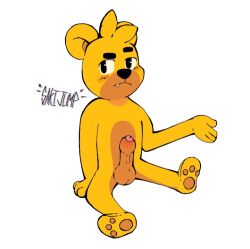 1boy 4_fingers arm_up bear black_nose blush brown_belly brown_fur dick ear feet fringe furry male osquisroar penis sakijump sakijump_(artist) serious serious_look simple_background teeth thick_eyebrows white_background yellow_eyes yellow_fur youtube youtuber