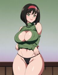 1girls ai_generated big_breasts breast_hold brown_hair busty cameltoe child_bearing_hips cleavage cleavage_cutout crossed_arms erika_(pokemon) female female_only green_eyes hairbow large_breasts legs looking_at_viewer midriff navel pokemon pose posing short_hair smile solo thighs thong voluptuous