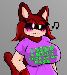 1girls :3 aryx_(oc) blush breasts cat_ears cat_tail catgirl fnf_mods friday_night_funkin friday_night_funkin_mod fuck-me_shirt furry green_eyes hammler hand_on_hip heterochromia huge_breasts humming massive_breasts mobian_(species) musical_note nekomimi original red_eyes red_hair seductive seductive_look shirt simple_background smug sonic.exe_(series) sonic_(series) sonic_the_hedgehog_(series) tagme tail text text_on_shirt thick_thighs voluptuous