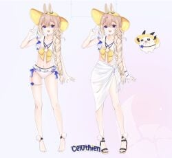 1girl :d bangs bare_shoulders barefoot bikini blonde_hair blue_eyes blush bow braid breasts bunny_ears bunny_girl character_name collarbone copyright_name eyebrows_visible_through_hair female_only full_body hair_bow hair_ornament hat hood long_hair looking_at_viewer multiple_views navel open_mouth sailor_collar sarong see-through smile standing striped striped_background swimsuit thigh_strap twin_braids v vertical_stripes very_long_hair virtual_youtuber vyugen white_bikini yenko