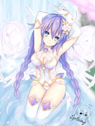 1girls alternate_costume blue_eyes braid braided_hair breasts cleavage female female_only flower flower_in_hair gloves hair_ornament hand_behind_head hands_above_head head_tilt in_water kneeling kneeling_in_water long_hair looking_at_viewer neptune_(neptunia) neptunia_(series) opera_gloves outdoors panties partially_submerged petals purple_hair purple_heart_(neptunia) raised_hand smile solo spleeny thighhighs twintails water waterfall white_gloves white_panties white_thighhighs white_wings wings