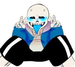 1boy 2015 ahe_gao animated_skeleton blue_blush blush clothed double_v double_v_sign ectotongue legs_apart legs_spread male male_focus male_only sans sans_(undertale) skeleton solo spread_legs suckmytrombone sweat tongue tongue_out undertale undertale_(series) v_sign white_background