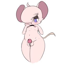 2021 anthro balls bent_arm blue_eyes chastity_cage chastity_cage_only chastity_device fur genitals girly hair half-closed_eyes looking_at_self male male_only mammal mouse murid murine narrowed_eyes navel nipples pink_body pink_fur rodent simple_background solo tail vono white_background