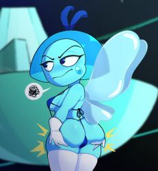 alien alternate_version_available annoyed aquamarine_(steven_universe) blue_eyes blue_hair blue_skin blurred_background blush blushing embarrassed gametimeasia gem_(species) gloves hands_on_ass looking_away pussy_juice scribble shortstack sling_bikini steven_universe stockings thick_thighs wings