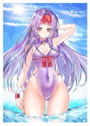 1girls alternate_costume arm_behind_head arm_up bare_legs bare_shoulders cleavage day female female_only fire_emblem fire_emblem:_radiant_dawn headband legs long_hair looking_at_viewer nintendo ocean one-piece_swimsuit osiri_siri_siri outdoors partially_submerged purple_hair purple_one-piece_swimsuit purple_swimsuit sanaki_kirsch_altina sky small_breasts solo swimsuit thighs very_long_hair yellow_eyes