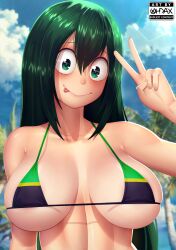 1girls 2023 asui_tsuyu bikini blush breasts cleavage female female_focus female_only green_eyes green_hair my_hero_academia ohdax peace_sign tongue tongue_out tsuyu_asui