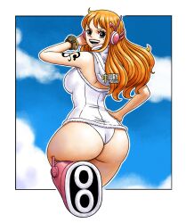 1girls ass ass_focus boots busty curvy dat_ass egghead female female_only iury_padilha log_pose looking_at_viewer looking_back nami nami_(one_piece) nami_(vegapunk_suit) no_pants one_piece orange_hair post-timeskip skimpy skimpy_clothes solo tattoo thick_thighs