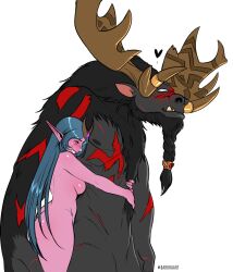 1boy 1girls aqua_hair big_breasts blizzard_entertainment darkra druid_(warcraft) highmountain_tauren hugging interspecies lulusa_wildmist night_elf original_character pink_skin tauren voluptuous warcraft wholesome world_of_warcraft