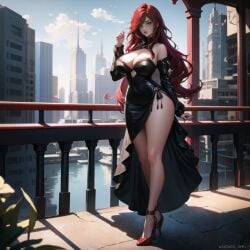 1girls ai_generated cixf cleavage dress female_only green_eyes high_heels huge_breasts katarina_du_couteau league_of_legends light-skinned_female long_hair night red_hair riot_games solo_female thick_thighs wide_hips