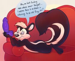 3_toes 4_fingers anthro black_body black_fur dialogue dildo english_text feet fingers fur furniture half-closed_eyes hi_res holding_dildo holding_object holding_sex_toy looney_tunes lying male mammal mephitid narrowed_eyes nude on_front pepe_le_pew purple_dildo sex_toy skunk smile sofa solo striped_body striped_fur stripes text toes warner_brothers werewolfguts white_body white_fur