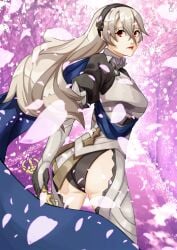 1girls armor artist_signature ass bare_thighs big_ass big_butt black_panties blouse breasts butt cape cherry_blossoms clothed corrin_(fire_emblem) corrin_(fire_emblem)_(female) dat_ass edit eyelashes eyeliner female female_only fire_emblem fire_emblem_fates gloves hairband hi_res inner_thighs leotard lingerie lips lipstick long_hair looking_at_viewer looking_back makeup medium_breasts nintendo panties pointy_ears presenting_hindquarters puffy_sleeves red_eyes red_lipstick shirt silver_hair solo sword thighs underwear vermadis2x very_long_hair x_xith_x