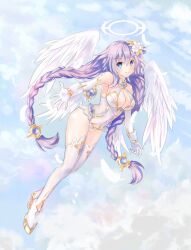 1girls alternate_costume blue_eyes braided_hair braids breasts cleavage clouds extended_arm female female_only floating flower flower_in_hair flying gloves hair_ornament halo kazuneko_(wktk1024) long_hair looking_at_viewer neptune_(neptunia) neptunia_(series) opera_gloves outdoors panties purple_hair purple_heart_(neptunia) reaching_out sky solo thighhighs twin_braids twintails white_panties white_thighhighs white_wings wings