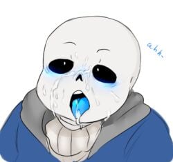 1boy 2015 animated_skeleton blue_blush blush bodily_fluids clothed cum cum_on_face ectotongue english_text male male_focus male_only sans sans_(undertale) skeleton solo suckmytrombone text tongue tongue_out undertale undertale_(series) upper_body white_background