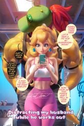 1boy 1girls bowser cap couple dialogue english_text female gym gym_clothes indoors interspecies leggings male mario_(series) nintendo non-canon princess_peach sakimichan speech_bubble sports_bra sportswear standing text