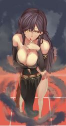 1girls anklet bare_shoulders black_hair breast_hold breasts circlet cleavage commentary_request earrings female female female_only fingernails fire_emblem fire_emblem:_the_blazing_blade jewelry large_breasts long_fingernails long_hair nail_polish nintendo nonji_(sayglo_halo) red_nails side_slit solo sonia_(fire_emblem) thumb_to_mouth very_long_hair yellow_eyes