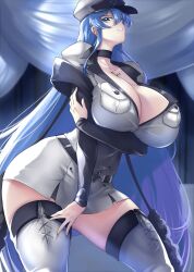 1girls akame_ga_kill! big_breasts breasts esdeath_(akame_ga_kill!) haganef hand_on_breast looking_pleasured solo