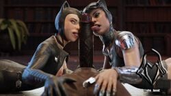 2girls 2girls1boy 3d abs batman:_arkham_knight batman_(series) catwoman catwoman_(arkham) catwoman_(arkham_knight) catwoman_(injustice) completely_naked completely_naked_male completely_nude completely_nude_male dark-skinned_male dark_skin dc dc_comics injustice_2 interracial licking licking_penis looking_at_viewer selina_kyle sfm_hood threesome