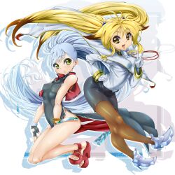 2girls black_skirt blonde_hair blue_hair breasts brown_hair brown_pantyhose china_dress chinese_clothes crossover dress female female_only green_eyes grey_hair high_heels human jacket kounotori_(501465) long_hair looking_at_viewer martian_successor_nadesico minami_omi multicolored_hair multiple_girls namco_x_capcom nipples pale-skinned_female pale_skin pantyhose ponytail project_x_zone ruri_hoshino skirt sleeveless sleeveless_dress super_robot_wars super_robot_wars_og_saga_mugen_no_frontier twintails two-tone_hair v voice_actor_connection white_jacket xiaomu yellow_background