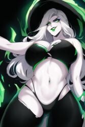 ai_generated belly belly_button black_bra black_legwear evil_grin evil_smile female green_eyes green_lipstick grin hat league_of_legends long_hair midriff miss_fortune nai_diffusion navel pale-skinned_female pale_skin pirate_hat riot_games ruined_miss_fortune stable_diffusion torn_clothes tricorne white_hair