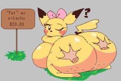 ambiguous_gender anthro ass ass_grab big_breasts big_butt bow_ribbon breasts butt_grab cellulite deep_skin dipstick_ears disembodied_hand duo english_text female generation_1_pokemon hand_on_butt hands_on_ass hands_on_butt huge_breasts huge_butt looking_back moonraige multicolored_ears nintendo nude one_eye_closed pikachu pixel_art pokemon pokemon_(species) price question_mark sign sitting text yellow_body