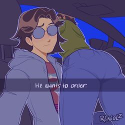 2boys ass ass_focus blue_background car gay glasses hal_emmerich he_wants_to_order konami male_focus metal_gear metal_gear_solid otacon reniolz solid_snake stubble sweater tagme yaoi