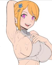 armpits character_request hair_ornament hairclip large_breasts orange_hair pink_eyes sideboob sin_salt_(artist) smile sweat sweatdrop sweating tagme