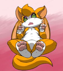 3_toes 4_fingers absurd_res anthro dust:_an_elysian_tail fangs featureless_crotch feet female fidget_(elysian_tail) fingers fur hair hi_res lying on_back open_mouth orange_body orange_fur orange_hair pawpads solo tail teeth toes vono wings worried