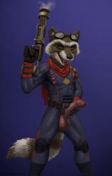 anthro anthro_only balls clothing foreskin fur genitals guardians_of_the_galaxy gun hi_res male mammal marvel masturbation penis procyonid raccoon ranged_weapon rocket rocket_raccoon scarf tail thejoyfuldragon weapon