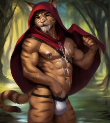 ai_generated anthro barazoku bethesda_softworks bulge cape covered_in_cum crotch_tuft cum cum_in_mouth cum_on_arm cum_on_body cum_on_face ear_piercing felid feline hood jockstrap khajiit male male_only muscular_anthro muscular_male navel navel_piercing nipple_piercing riseflux solo solo_male swamp tail the_elder_scrolls trees underwear whiskers white_jockstrap