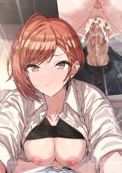 1boy arisugawa_natsuha black_bra blush bra bra_lift breasts censored cleavage collarbone cowgirl_position cum cum_in_pussy ejaculation erere female idolmaster idolmaster_shiny_colors large_breasts looking_up mosaic_censoring multiple_views nipples open_clothes open_shirt orange_hair penis pov pov_crotch sex shirt straddling straight sweatdrop underwear white_shirt