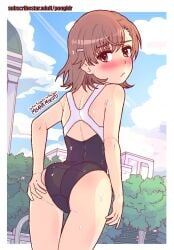 1girls 2020s 2023 :< ass bare_legs bare_shoulders bare_thighs blue_sky blush border brown_eyes brown_hair brunette character_name dat_ass day detailed_background embarrassed female from_behind grabbing hair_ornament hairclip hand_on_ass hand_on_own_ass looking_at_viewer looking_back matching_hair/eyes misaka_mikoto one-piece_swimsuit outdoors pongldr school_swimsuit short_hair shoulder_blades sky solo spread_ass standing swimsuit teenage_girl teenager thigh_gap thighs to_aru_kagaku_no_railgun to_aru_majutsu_no_index tokiwadai_school_swimsuit wet wet_clothes white_border young