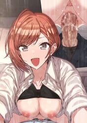 1boy ahoge anus arisugawa_natsuha black_bra blush bra bra_lift breasts censored cleavage collarbone cowgirl_position erere female idolmaster idolmaster_shiny_colors large_breasts looking_at_viewer mosaic_censoring multiple_views open_clothes open_shirt orange_hair penis pov pov_crotch pussy_juice sex straddling straight sweatdrop underwear