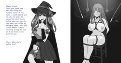 1girls 2koma before_and_after big_breasts bondage bound_to_chair brainwashing cape chair dialogue gagged hypnosis middle_finger original original_character pendulum punishment rude swearing text threatening tied_up tongue_out wide_eyed witch witch_hat