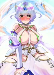 1girls areolae areolae_slip bare_shoulders bare_thighs blue_hair blush breasts collar collarbone embarrassed female female_focus fire_emblem fire_emblem_heroes frown girl_on_top large_breasts looking_at_viewer multicolored_hair nintendo pov seidr_(fire_emblem) short_hair shoulders sitting_on_person solo_focus tetsuji_(i_ttj_f_c) thick_thighs thighs white_background yellow_eyes