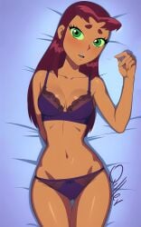 2d_(artwork) ai_generated bra breasts dc green_eyes long_hair panties qiller red_hair solo_female stable_diffusion starfire tagme teen_titans